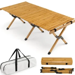Campingtisch Klappbarer Picknicktisch mit Tragetasche Aufrollbarer Bambustisch 122 x 60 x 43,5 cm Natur