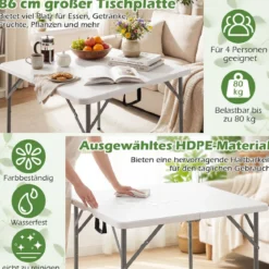 Campingtisch Klappbar für 4 Personen Klapptisch aus HDPE mit Tragegriff Klappbarer Gartentisch