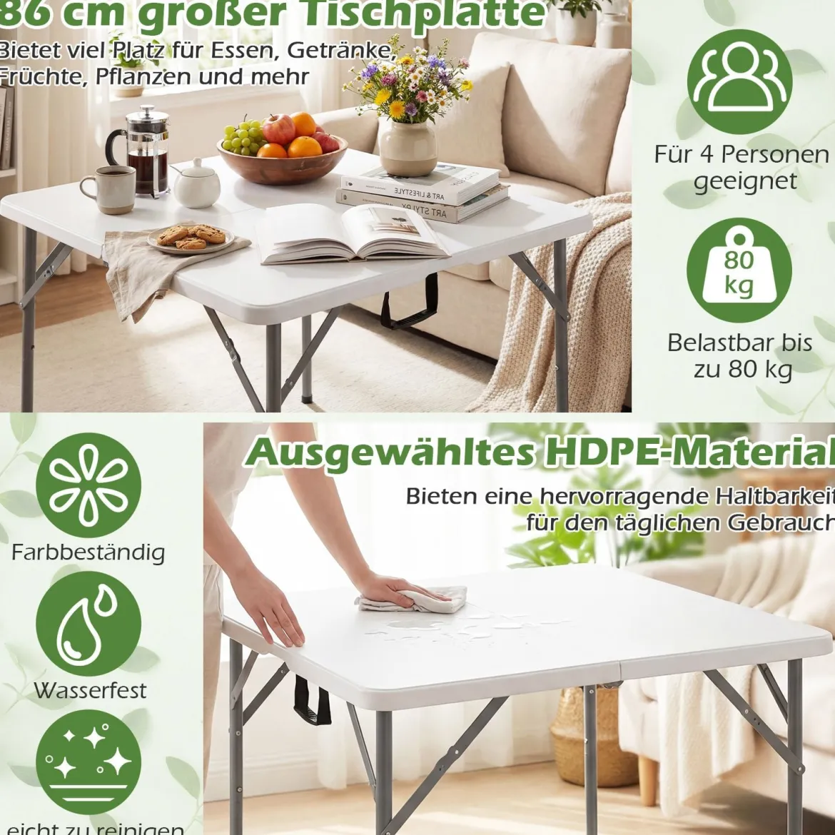 Campingtisch Klappbar für 4 Personen Klapptisch aus HDPE mit Tragegriff Klappbarer Gartentisch