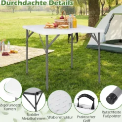 Campingtisch Klappbar für 4 Personen Klapptisch aus HDPE mit Tragegriff Klappbarer Gartentisch