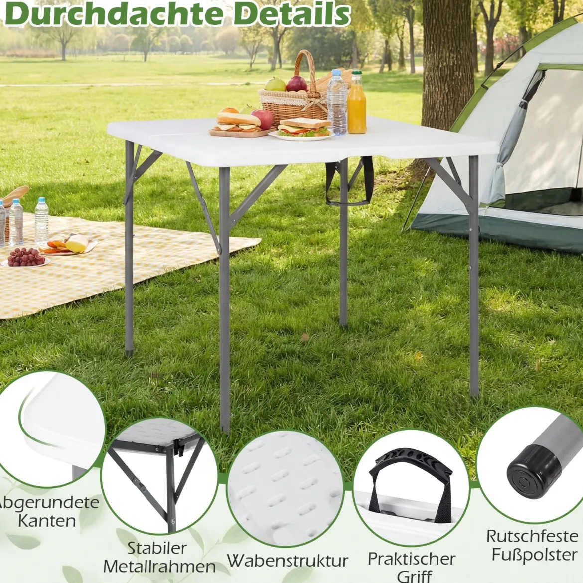 Campingtisch Klappbar für 4 Personen Klapptisch aus HDPE mit Tragegriff Klappbarer Gartentisch