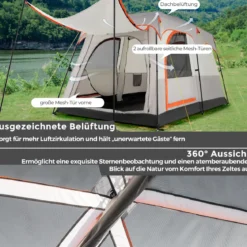 Campingzelt für 6 Personen mit 2-Raum-Trennwand & Regenschutz Hellgrau