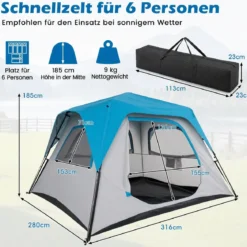 Campingzelt für 6 Personen Wasserfestes Pop Up Zelt mit 5 Fenstern & Tür 316 x 280 x 185 cm