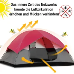 Campingzelt 5-6 Personen Kuppelzelt Wurfzelt Doppelschicht Winddichte 300x300x165cm Rot und Grau