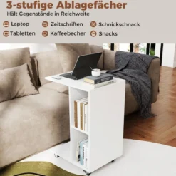 C-förmiger Beistelltisch schmaler Beistelltisch mit Ablageflächen mobiler Nachttisch für Wohnzimmer Weiß