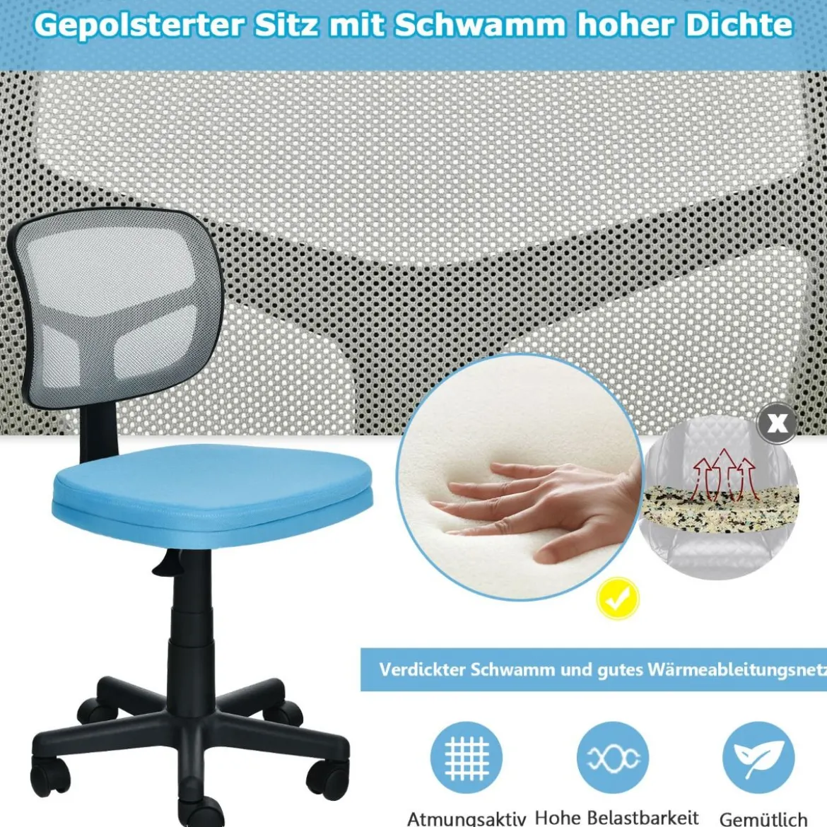 Chefsessel belastbar moderner Lederstuhl Low-Back-Bürostuhl 50 x 50 x 79-91 cm Blau