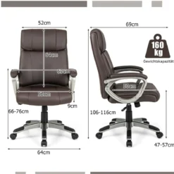Chefsessel drehbarer Schreibtischstuhl aus Kunstleder mit Wippfunktion und verstellbarer Höhe 64 x 69 x 106–116 cm Braun