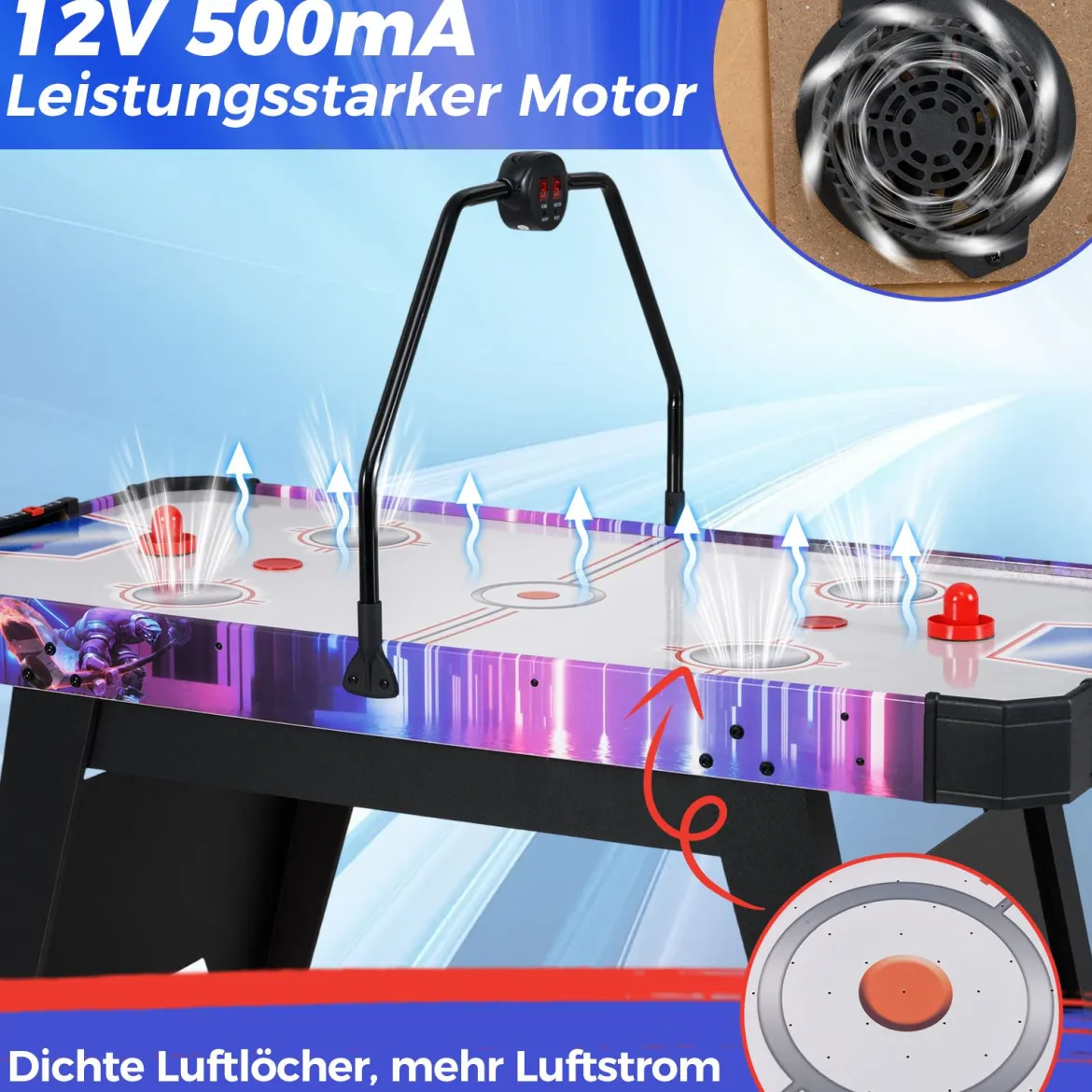 144 cm Airhockey-Tisch Airhockey-Arcade-Spieltisch mit leistungsstarkem 12V Motor und LED-Digitalanzeige Schwarz