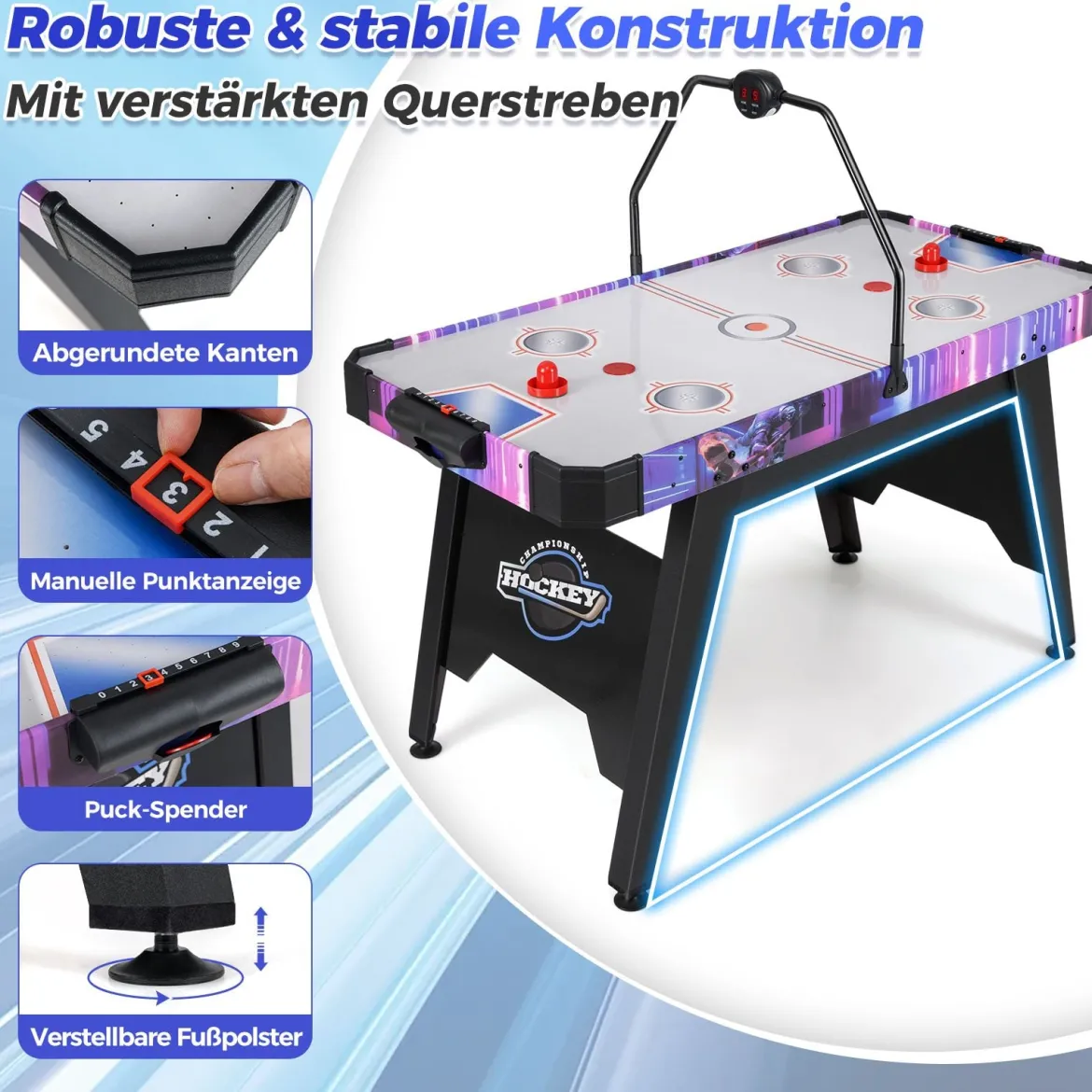144 cm Airhockey-Tisch Airhockey-Arcade-Spieltisch mit leistungsstarkem 12V Motor und LED-Digitalanzeige Schwarz