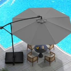Ø350 cm Ampelschirm mit 40 Solar-LED-Leuchten & Sandsäcke & Kurbel & UV-Schutz Sonnenschirm Grau/Beige/Braun