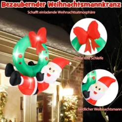 120CM Aufblasbare Deko Weihnachten LED Weihnachtsmann mit Kranz Weihnachtsdekoration Wand draußen