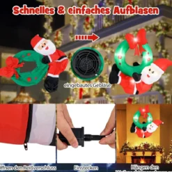120CM Aufblasbare Deko Weihnachten LED Weihnachtsmann mit Kranz Weihnachtsdekoration Wand draußen