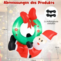120CM Aufblasbare Deko Weihnachten LED Weihnachtsmann mit Kranz Weihnachtsdekoration Wand draußen