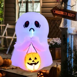 120 cm Aufblasbarer Halloween-Geist mit Kürbis Halloween-Dekoration mit LED-Leuchten Weiß + Orange