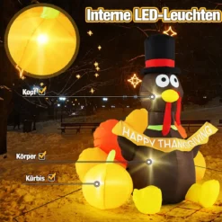 150 cm Aufblasbarer Truthahn mit Kürbis Thanksgiving-Dekoration mit LED-Lichtern