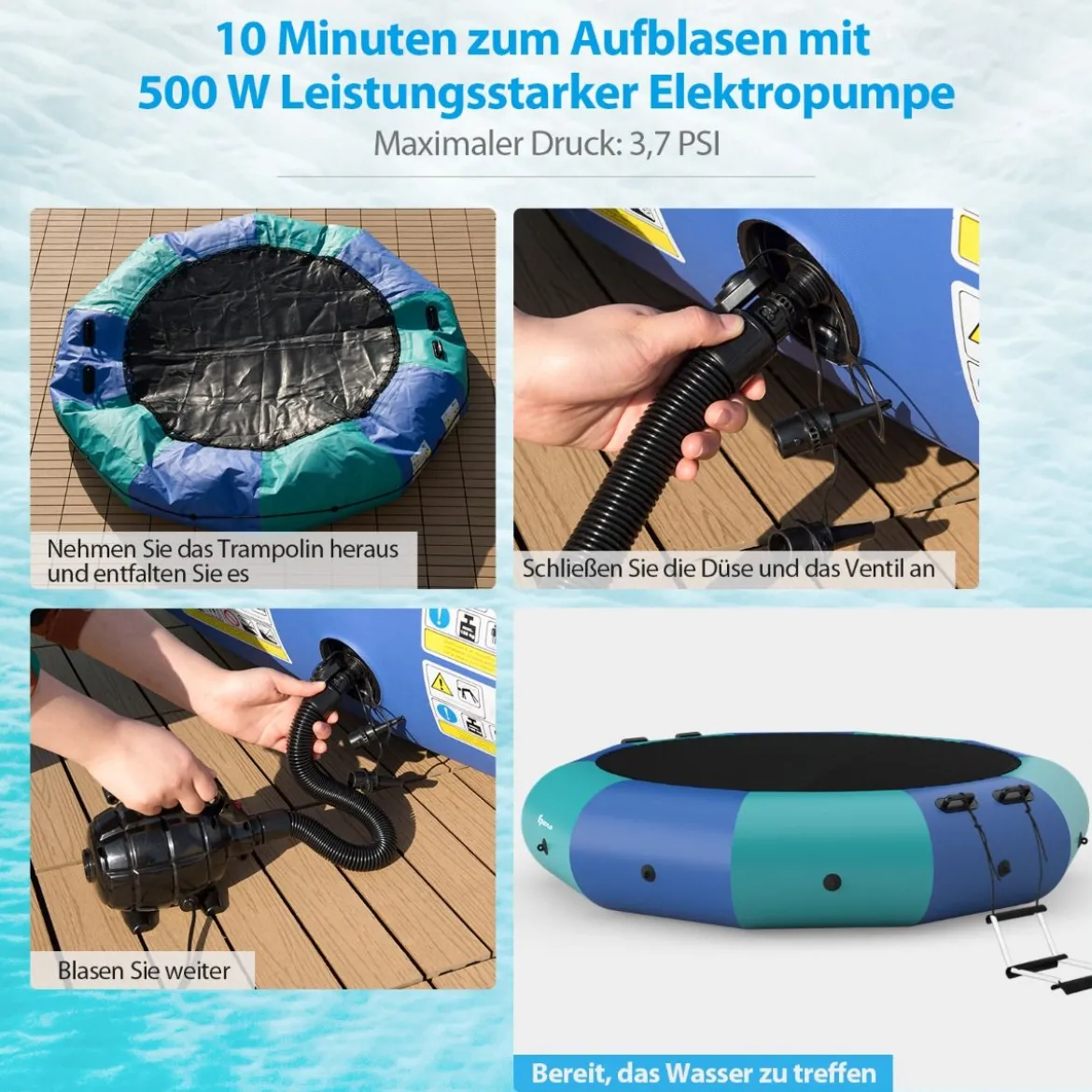 305cm Aufblasbares Wassertrampolin mit 500W elektrischer Aufblasvorrichtung Trampolin Bounce Blau + Grün