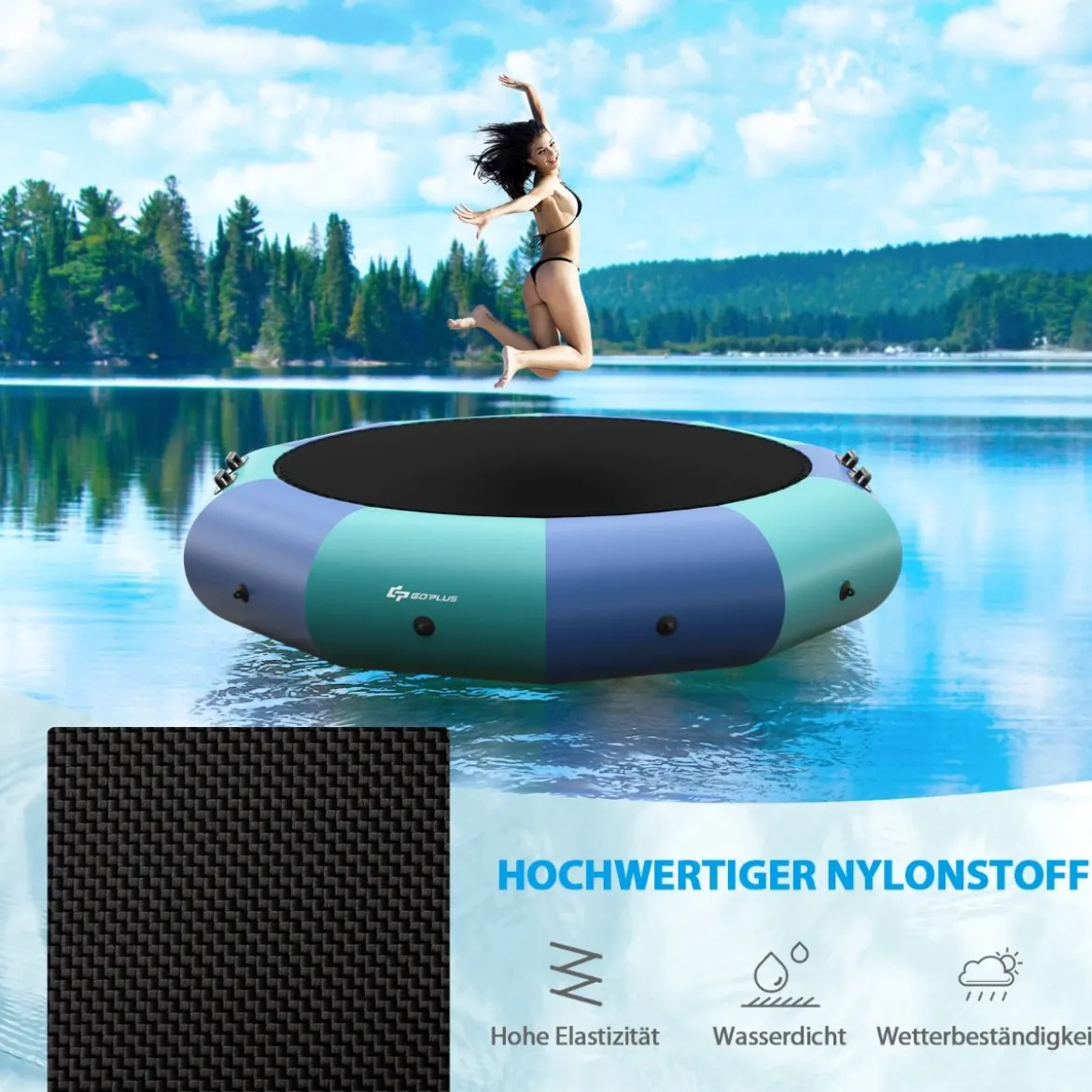 305cm Aufblasbares Wassertrampolin mit 500W elektrischer Aufblasvorrichtung Trampolin Bounce Blau + Grün