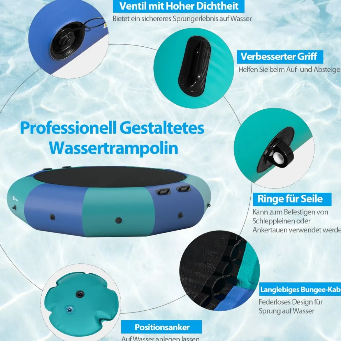 305cm Aufblasbares Wassertrampolin mit 500W elektrischer Aufblasvorrichtung Trampolin Bounce Blau + Grün