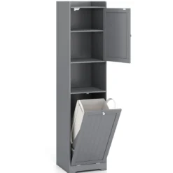 170 cm Badezimmerschrank hoher & schlanker Wäscheturm mit Stauraum verstellbares Regal Wäschesack Grau