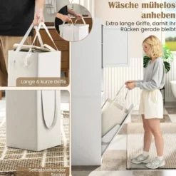 170 cm Badezimmerschrank hoher & schlanker Wäscheturm mit Stauraum verstellbares Regal Wäschesack Weiß