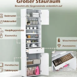180 cm Badezimmerschrank mit Schublade & Türen & Verstellbaren Regalen Bodenschrank Weiß