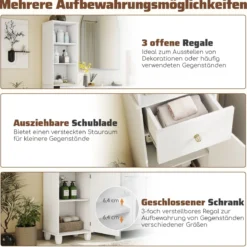 172 cm Badezimmerschrank schmaler Badschrank mit 3 offenen Regalen 1 Schublade 1 Tür & verstellbarem Regal Weiß