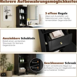172 cm Badezimmerschrank schmaler Badschrank mit 3 offenen Regalen 1 Schublade 1 Tür Schwarz