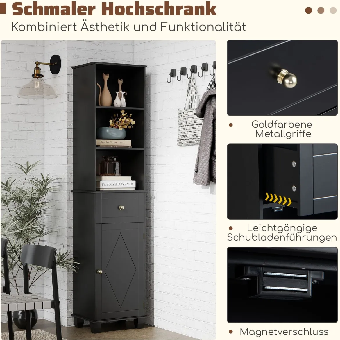 172 cm Badezimmerschrank schmaler Badschrank mit 3 offenen Regalen 1 Schublade 1 Tür Schwarz