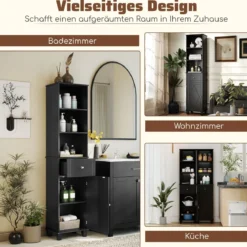 172 cm Badezimmerschrank schmaler Badschrank mit 3 offenen Regalen 1 Schublade 1 Tür Schwarz