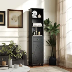 172 cm Badezimmerschrank schmaler Badschrank mit 3 offenen Regalen 1 Schublade 1 Tür Schwarz