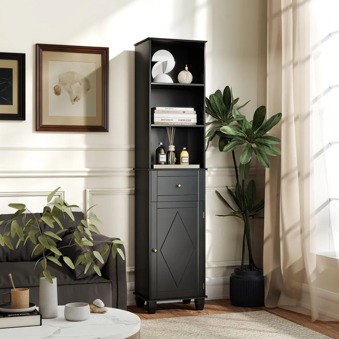 172 cm Badezimmerschrank schmaler Badschrank mit 3 offenen Regalen 1 Schublade 1 Tür Schwarz