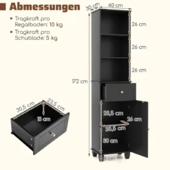 172 cm Badezimmerschrank schmaler Badschrank mit 3 offenen Regalen 1 Schublade 1 Tür Schwarz