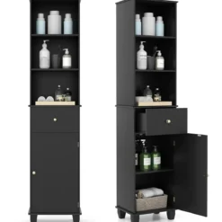 172 cm Badezimmerschrank schmaler Badschrank mit 3 offenen Regalen 1 Schublade 1 Tür Schwarz