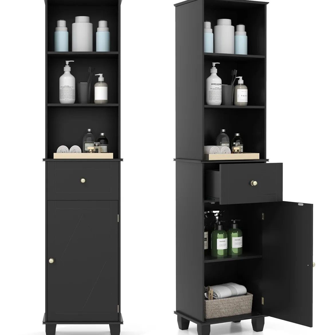 172 cm Badezimmerschrank schmaler Badschrank mit 3 offenen Regalen 1 Schublade 1 Tür Schwarz