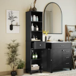 172 cm Badezimmerschrank schmaler Badschrank mit 3 offenen Regalen 1 Schublade 1 Tür Schwarz