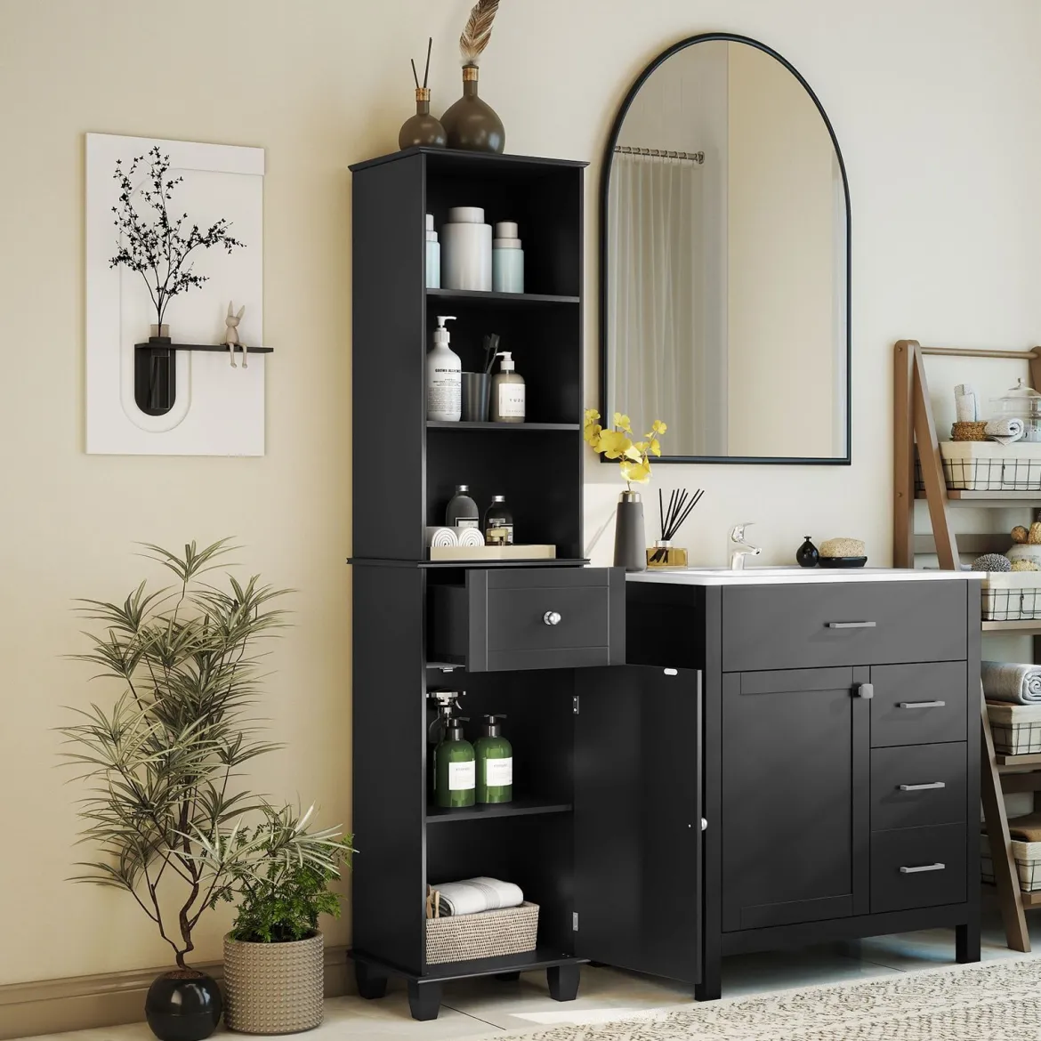 172 cm Badezimmerschrank schmaler Badschrank mit 3 offenen Regalen 1 Schublade 1 Tür Schwarz
