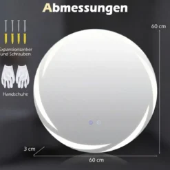 Ø60 cm Badspiegel mit Beleuchtung & 3-Farblichtern & Antibeschlag Dimmbarer Wandspiegel