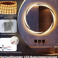 Ø60 cm Badspiegel mit Beleuchtung & 3-Farblichtern & Antibeschlag Dimmbarer Wandspiegel