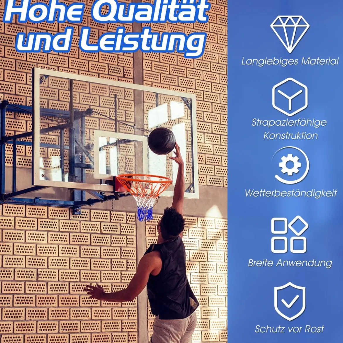 Ø 45 cm Basketball-Korb und Netz Basketballkorb mit Netz für In- und Outdoor Rot + Weiß + Blau