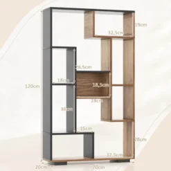 120cm Bücherregal mit 9 Fächern Standregal Raumteiler geometrisch Schwarz und Holz