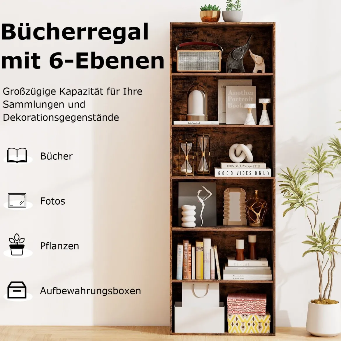 178 cm Bücherregal mit 2 Kippsicherungssets Freistehendes Standregal Display Regal Braun