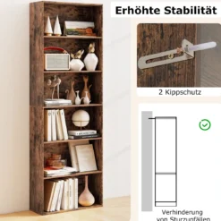 178 cm Bücherregal mit 2 Kippsicherungssets Freistehendes Standregal Display Regal Braun