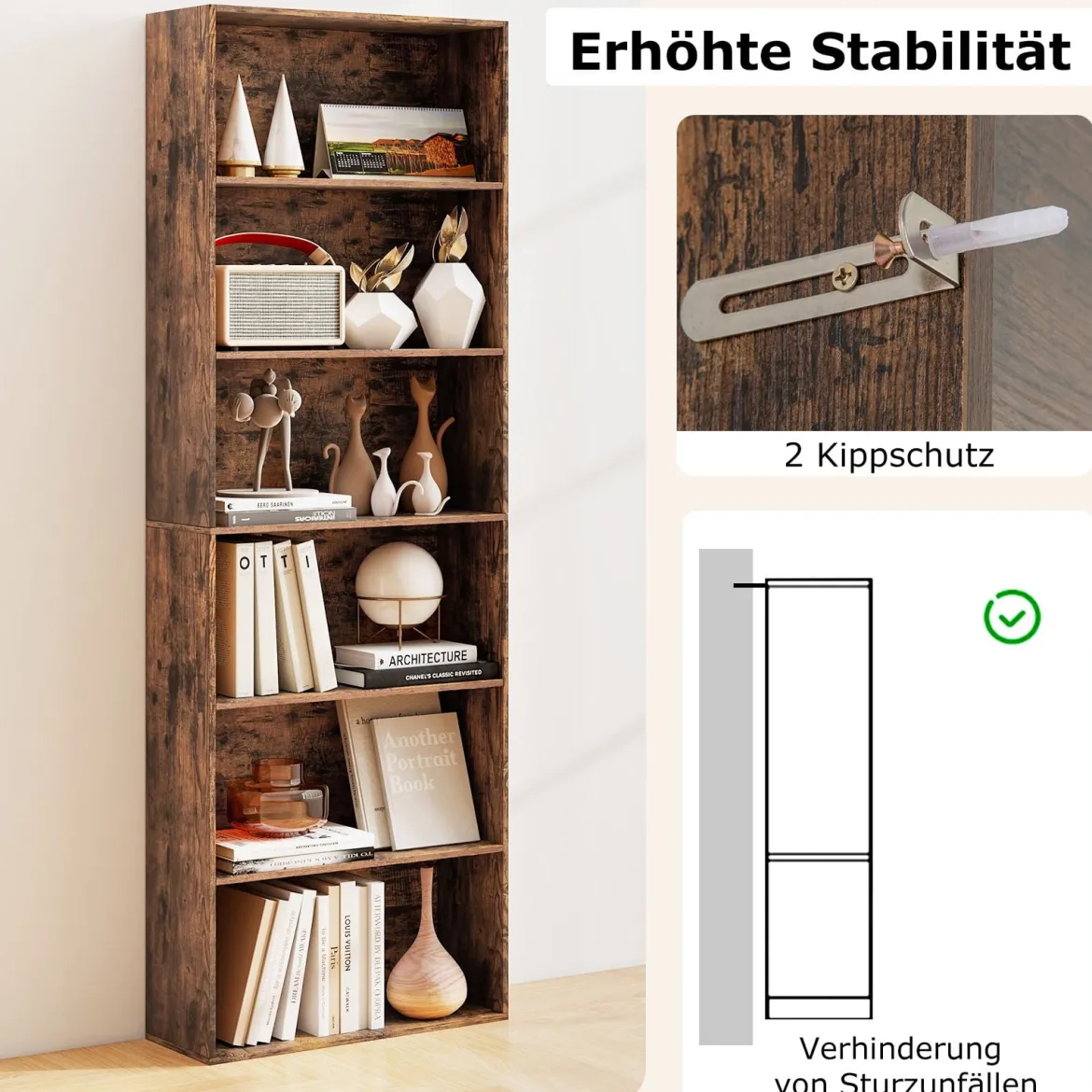 178 cm Bücherregal mit 2 Kippsicherungssets Freistehendes Standregal Display Regal Braun