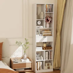 180cm Bücherregal mit Schublade Standregal mit 10 offenen Fächern freistehendes Präsentationsregal mit Kippschutz-Kits Weiß