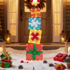 120 cm beleuchtete Geschenkboxen 2D Weihnachtsdekoration-Set mit LED-Lichtern 4 gestapelten Weihnachtsgeschenkboxen Mehrfarbig
