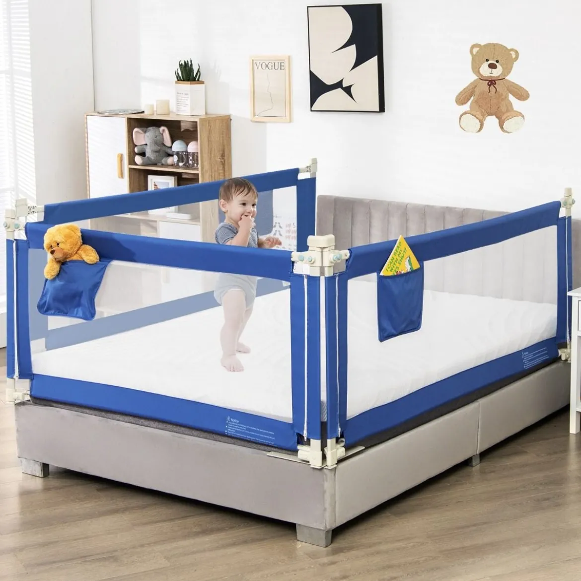 175 cm Bettgitter mit 24 Einstellbare Höhen & Seitentasche Bettschutzgitter Blau