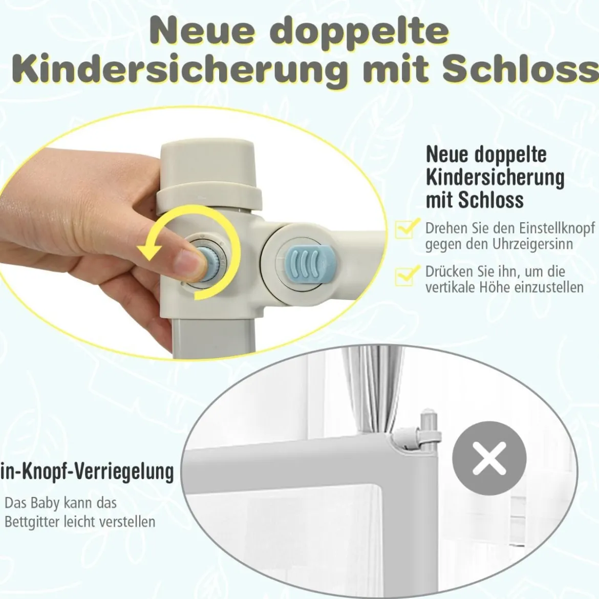 175 cm Bettgitter mit 24 Einstellbare Höhen & Seitentasche Bettschutzgitter Blau
