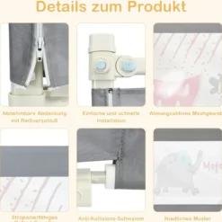 175cm Bettgitter 24 Stufen höhenverstellbares Babygitter mit Doppeltem Verschluss Dunkelgrau