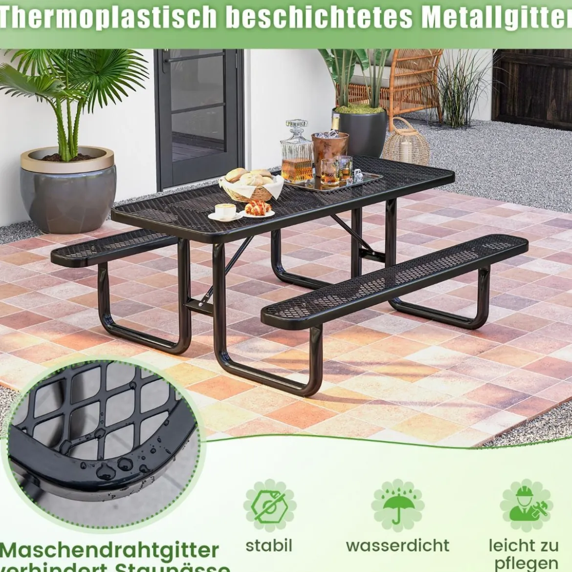 184 cm Bierzeltgarnitur aus Beschichtetem Metall Wetterfester Biertisch mit 2 Bänken Festzeltgarnitur