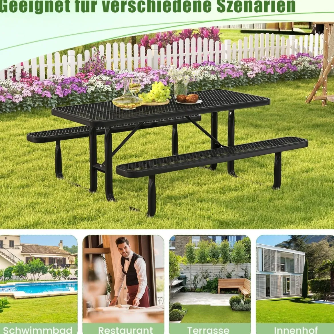 184 cm Bierzeltgarnitur aus Beschichtetem Metall Wetterfester Biertisch mit 2 Bänken Festzeltgarnitur